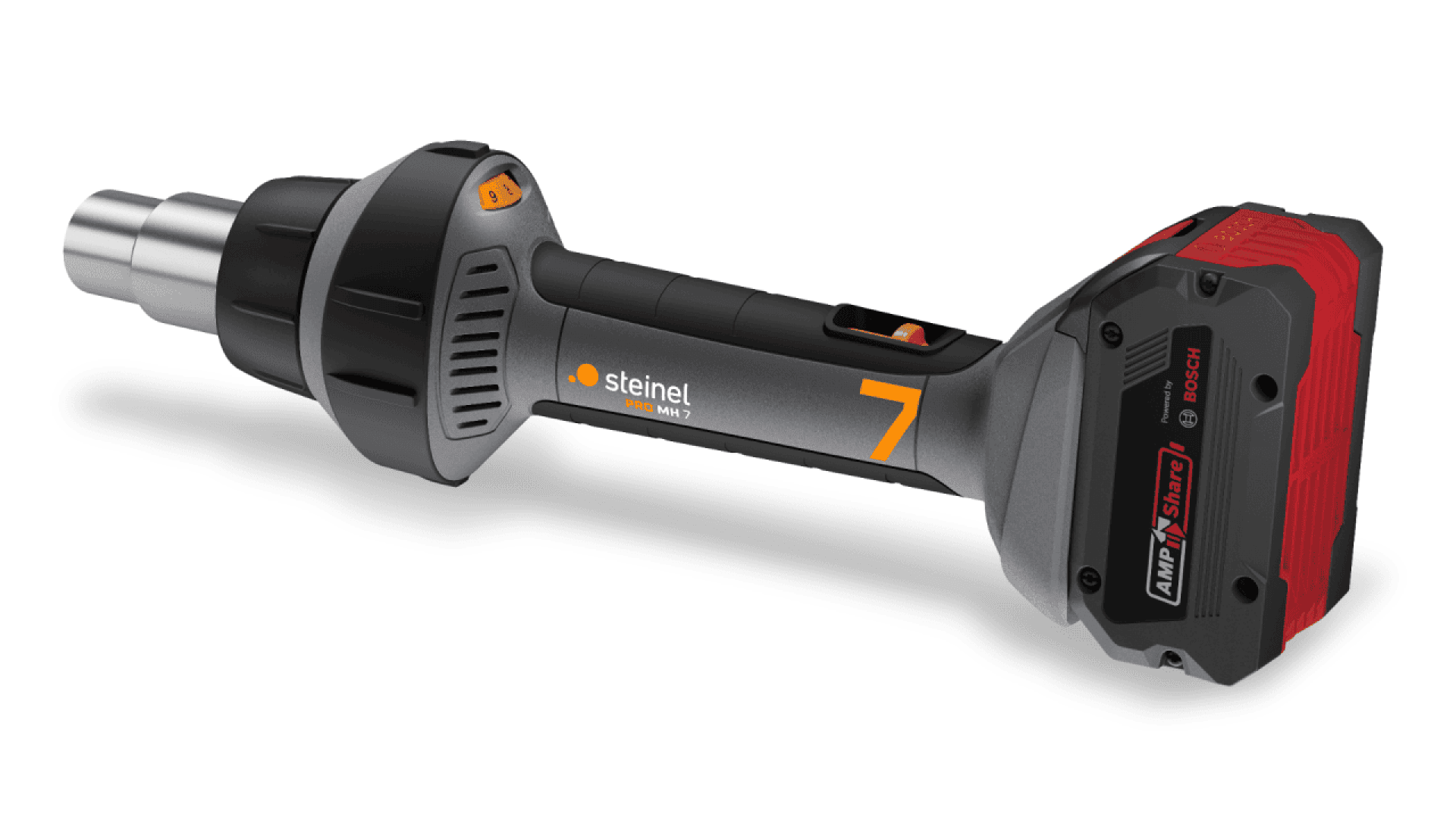 A cordless heat gun with a black and gray body, red battery pack, and orange accents, labeled Steinel and 7 on the side.