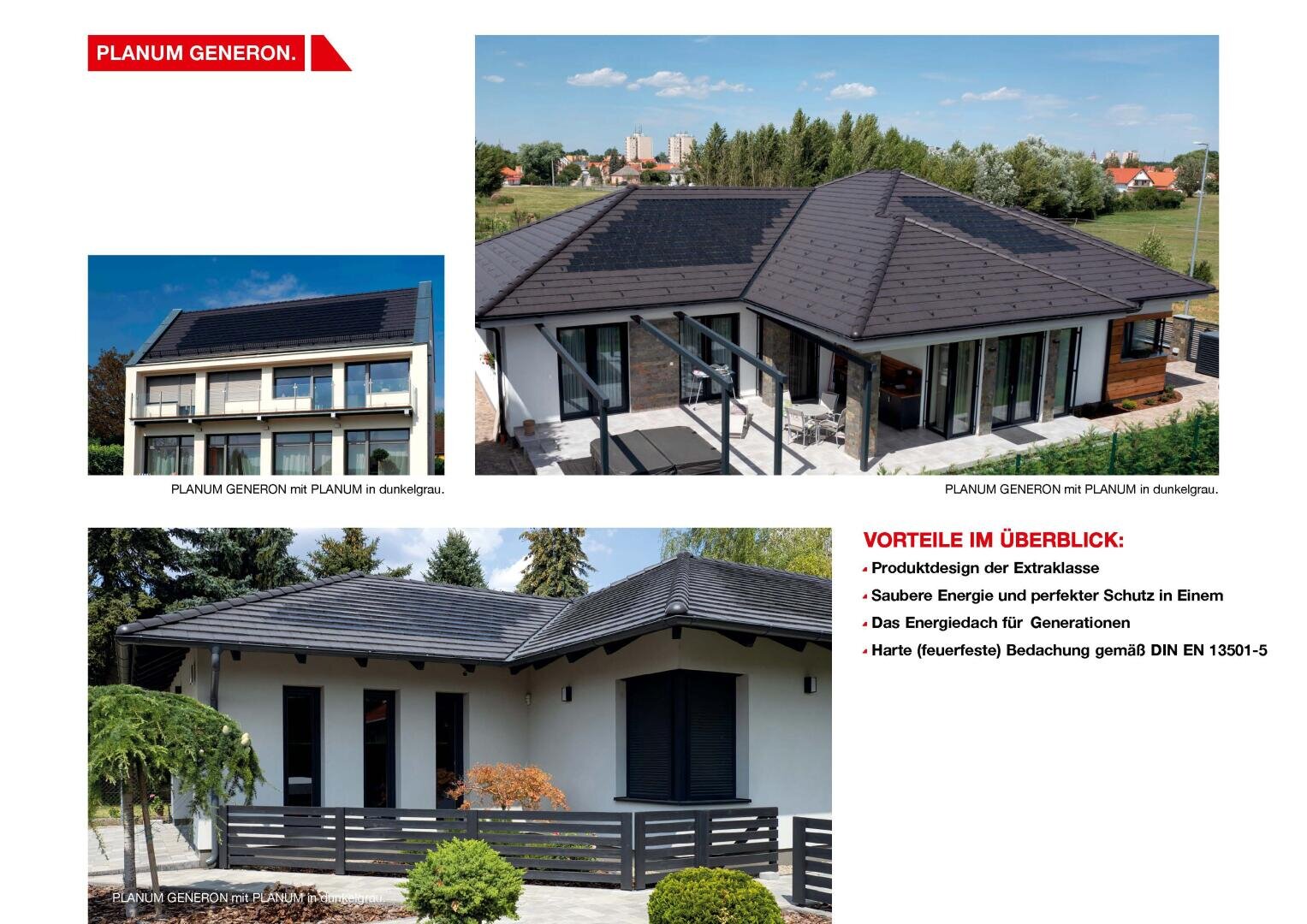 Drei moderne Häuser mit dunkelgrauen Schrägdächern werden in verschiedenen Winkeln und Umgebungen gezeigt. Der Text hebt die Vorteile von Dächern wie saubere Energie, Haltbarkeit und Brandschutz hervor.