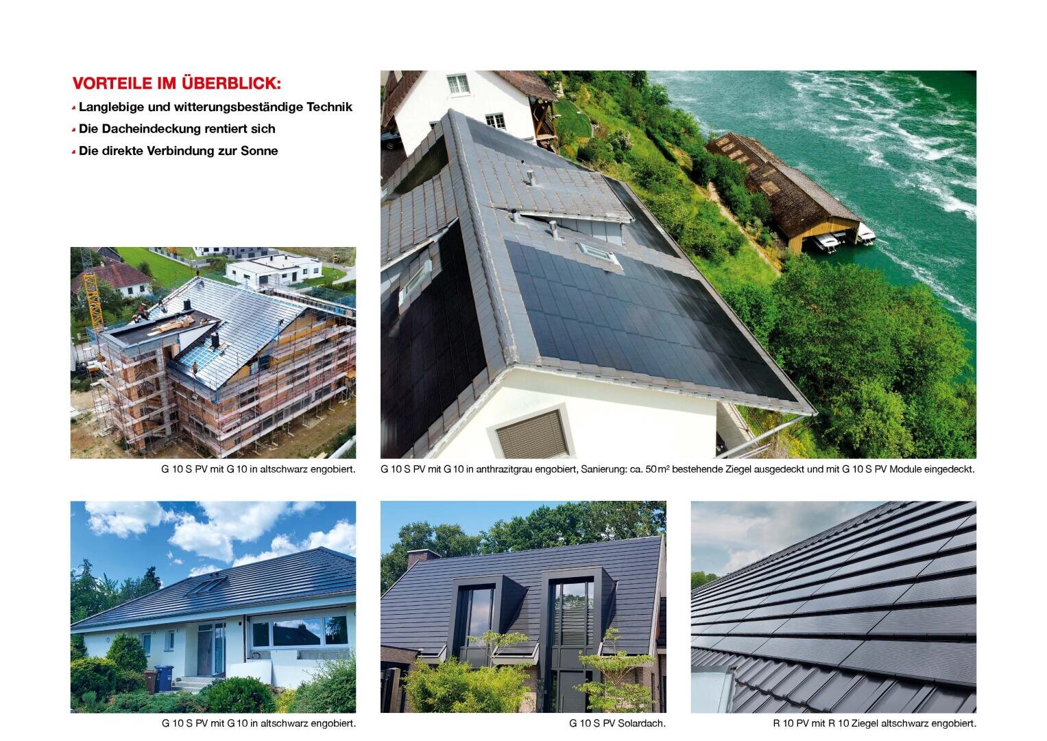 Eine Collage zeigt Häuser mit dunklen Solardachziegeln. Die Bilder zeigen verschiedene Blickwinkel und Stadien der Installation und heben integrierte Solarzellen auf modernen Dächern in Wassernähe und in Vorstädten hervor. Ein deutscher Text listet die Vorteile auf.