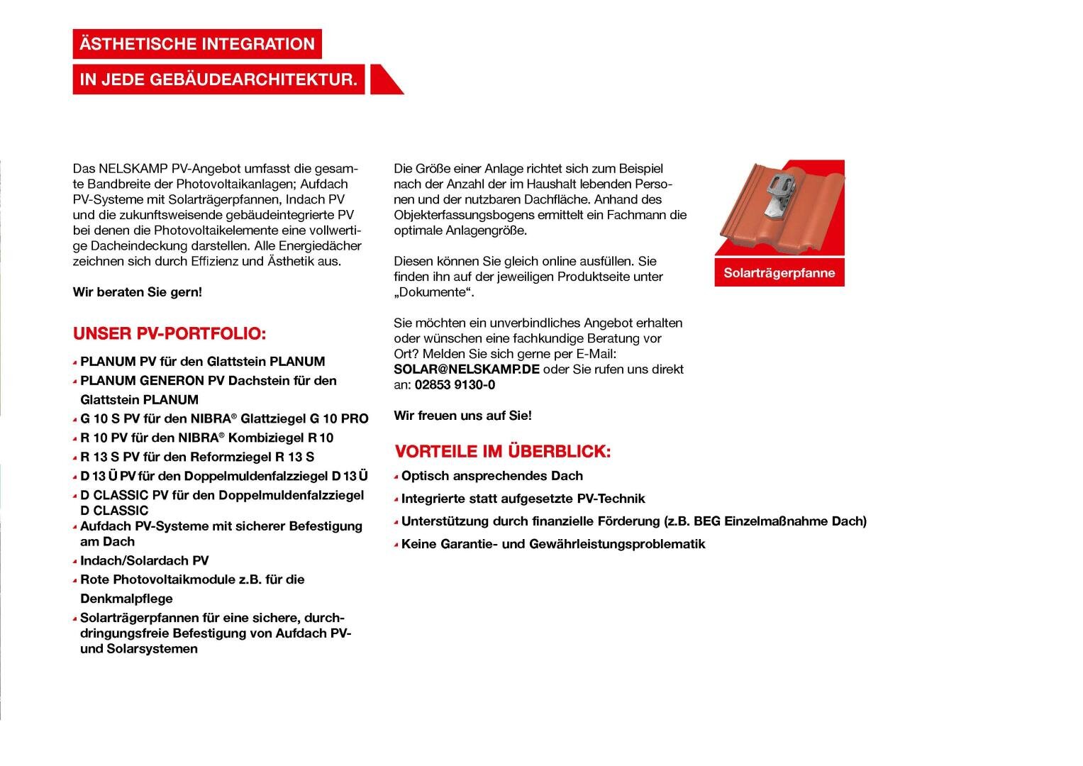 Eine Broschüre in deutscher Sprache über die ästhetische Integration von Solarmodulen in die Gebäudearchitektur mit einer Auflistung von PV-Produktoptionen, Vorteilen und einem kleinen Bild eines Solardachziegels oben rechts. Roter und schwarzer Text auf weißem Hintergrund.
