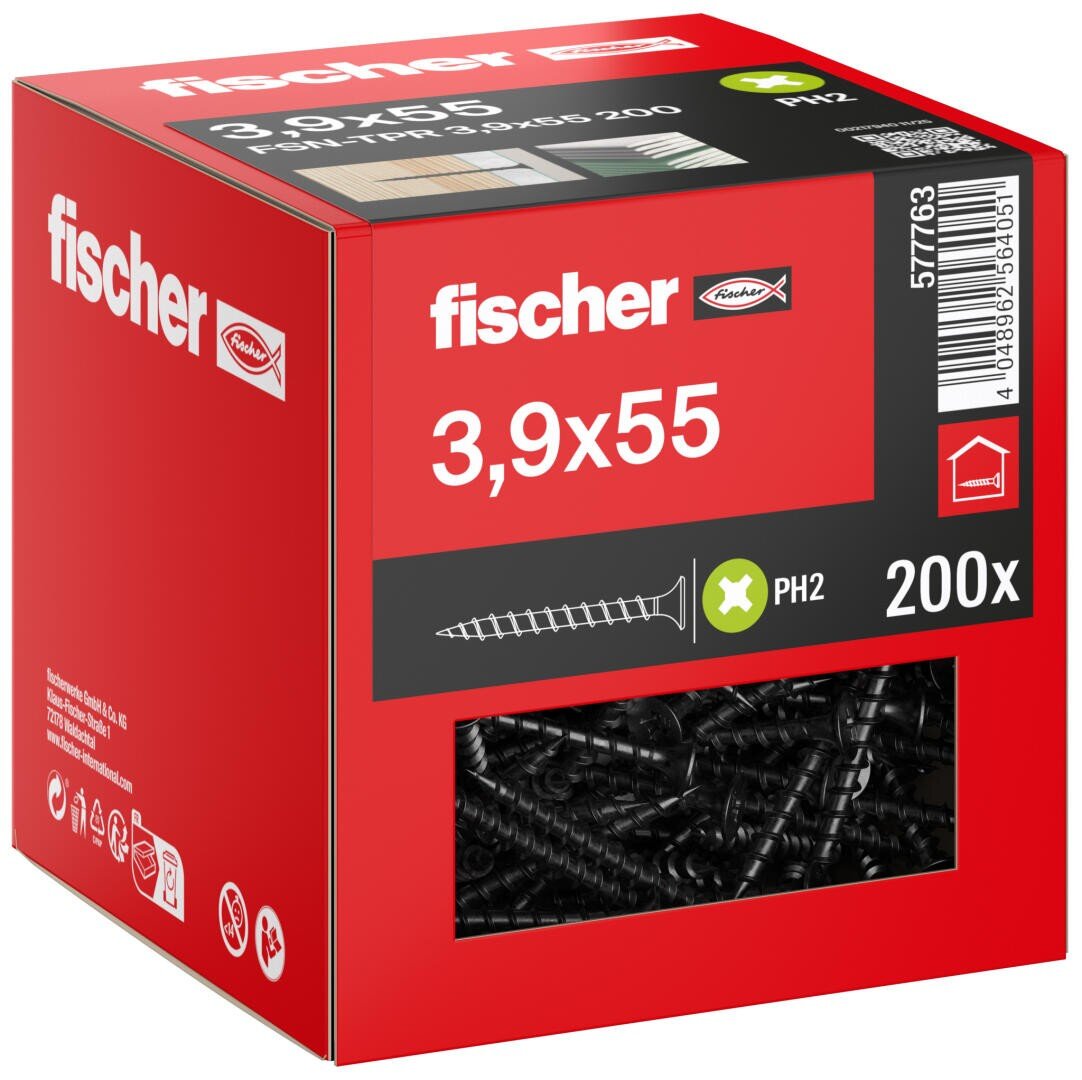 Eine rote Schachtel mit Fischer 3,9x55 Schrauben, Typ PH2, mit 200 Stück. Die Schachtel enthält Produktdetails, eine Schraubenabbildung und ein transparentes Fenster, das die Schrauben im Inneren zeigt.