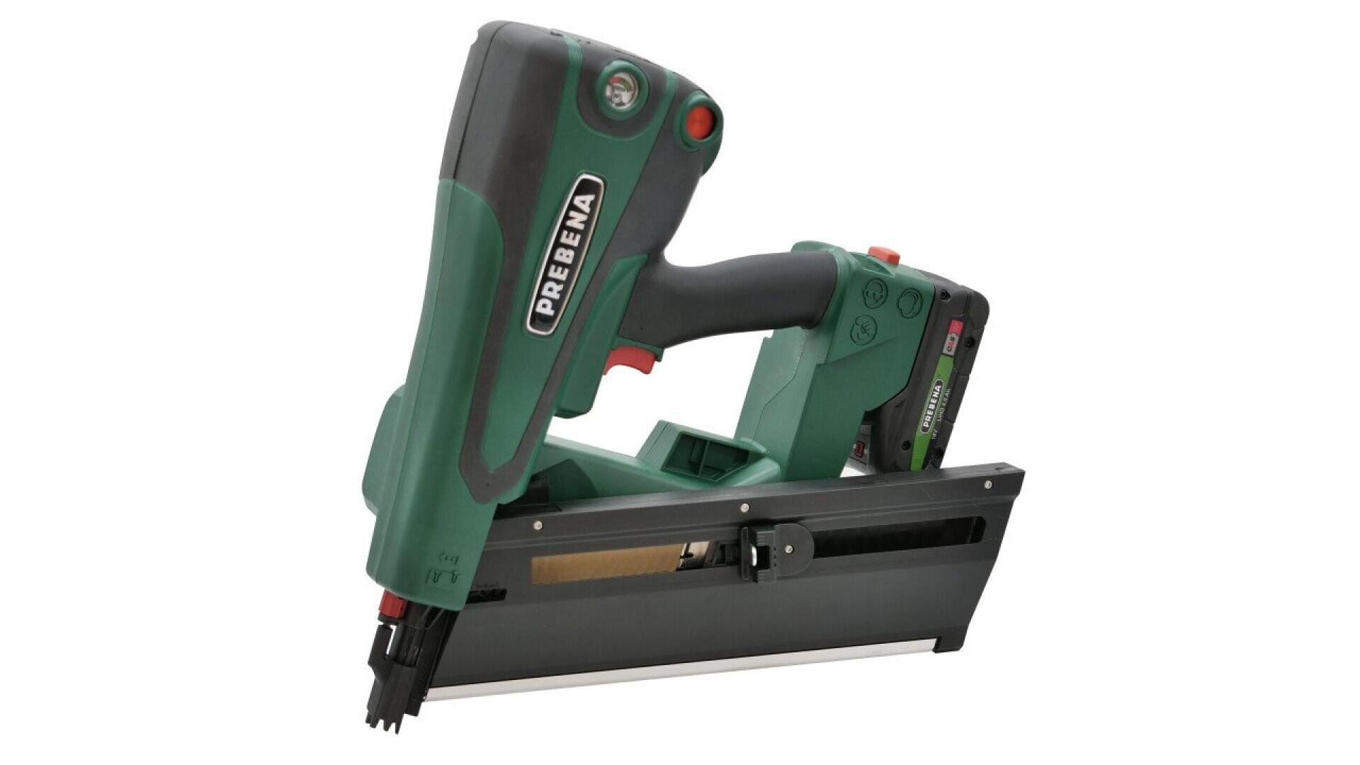 A green and black Prebena brand cordless nail gun with a trigger, magazine, and handle, shown on a white background.