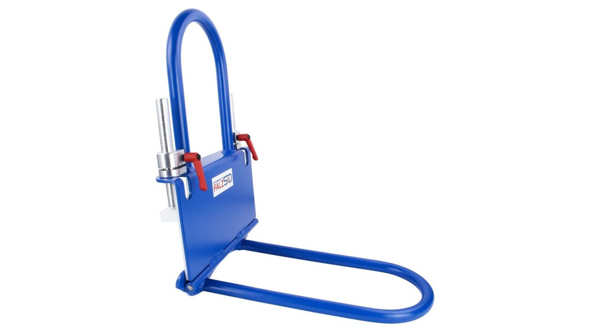 Blue metal wheel lock with a rectangular base and curved looping arm, designed to immobilize a vehicle wheel. It has two red locking levers and a silver locking mechanism on the side.