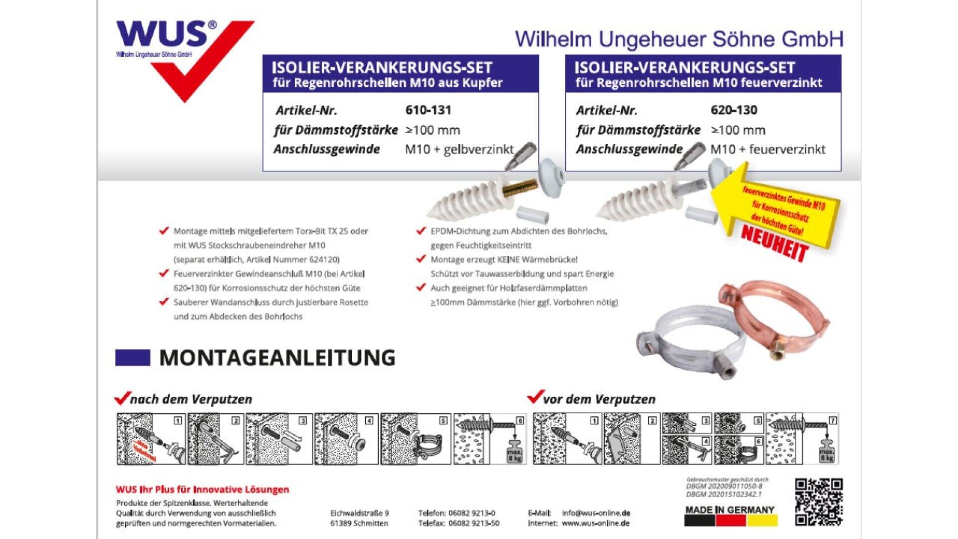 Instruction sheet for WUS pipe clamp insulation sets, showing product images, part numbers, descriptions, installation diagrams, and color-coded parts for copper and fire-resistant applications, with text in German.