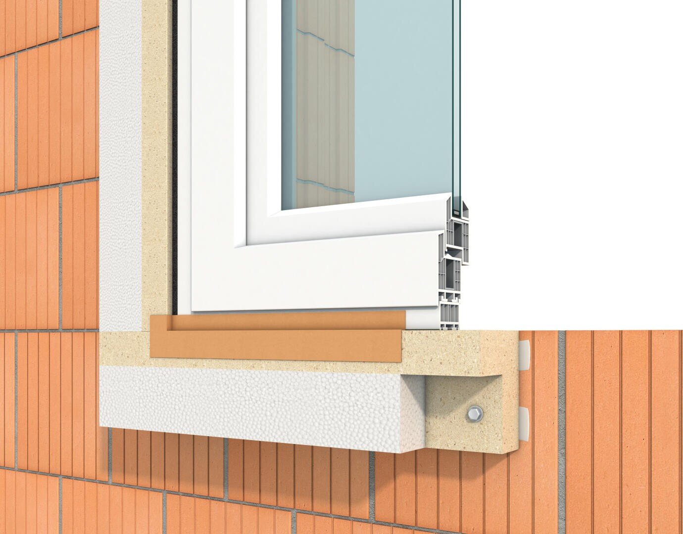 Eine Querschnittsdarstellung eines in eine Ziegelwand eingelassenen Fensterrahmens, die Schichten aus Isolierung, Dichtungsmittel und Strukturmaterialien um das Fenster herum zeigt.