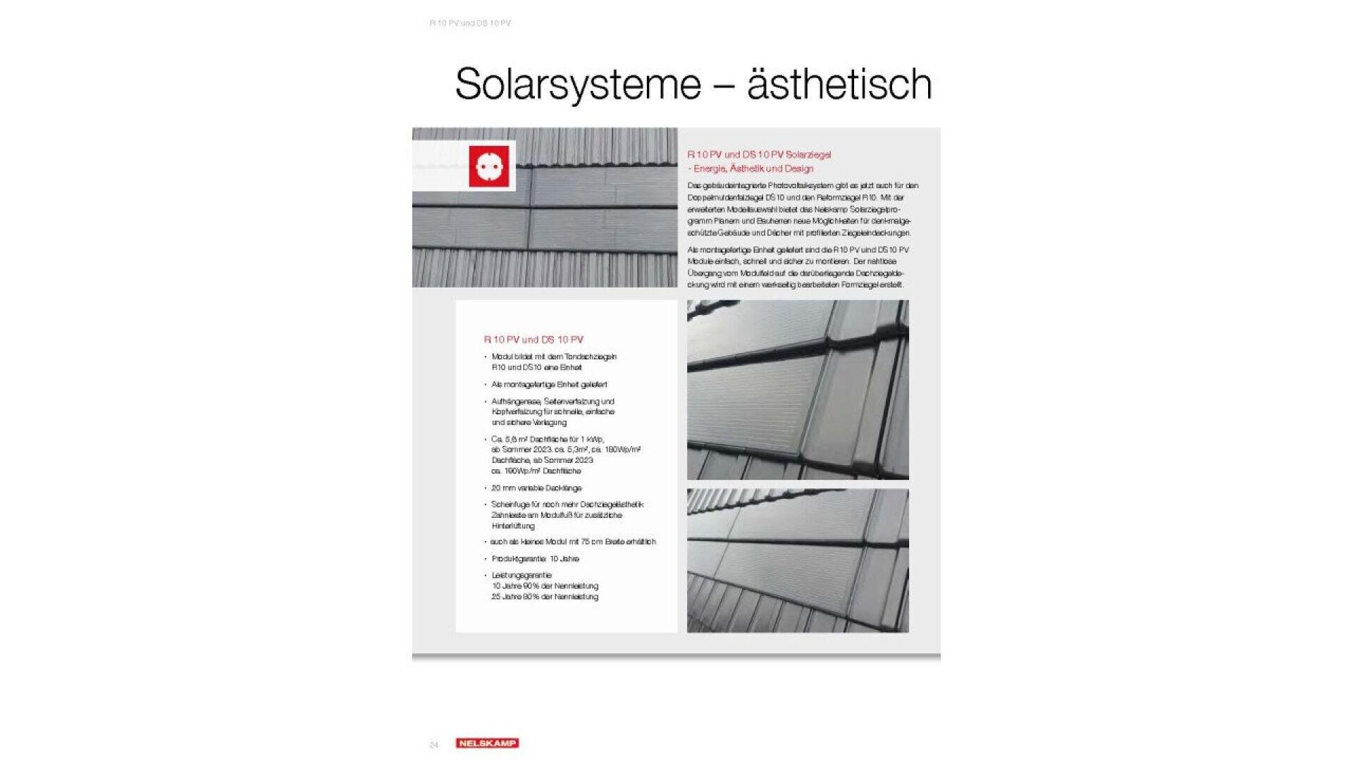 A brochure page with the title Solarsysteme – ästhetisch showing a photo of solar panels integrated into a roof and a product description with technical details in German on the left side.