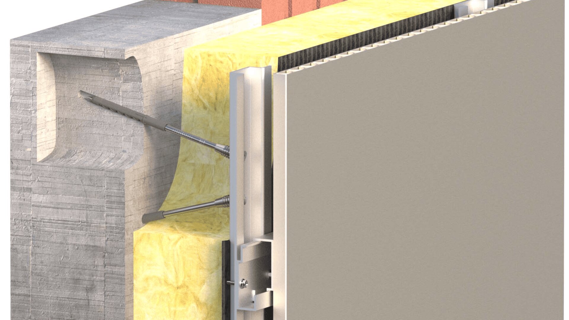 Ein Querschnittsdiagramm, das einen Wandaufbau mit Beton, gelber Dämmung, Metallklammern und einem an der äußersten Schicht befestigten Außenpaneelsystem zeigt.