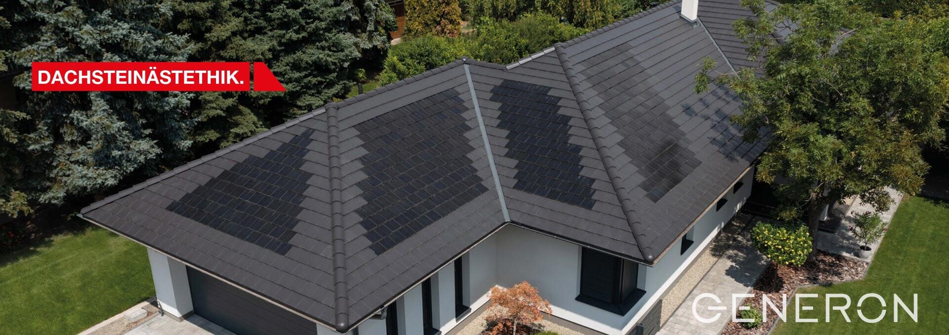 A modern house with a dark tiled roof with integrated solar panels, surrounded by trees and green spaces. The text DACHSTEINÄSTETHIK. and GENERON is visible in the picture.