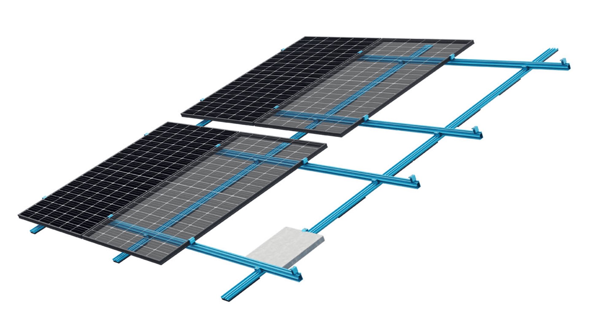 Digitale Illustration von zwei schwarzen Solarmodulen, die auf einer blauen Metallrahmenstruktur montiert sind, die von horizontalen und vertikalen Stangen getragen wird, mit einem rechteckigen Gewicht an der Basis für Stabilität auf weißem Hintergrund.