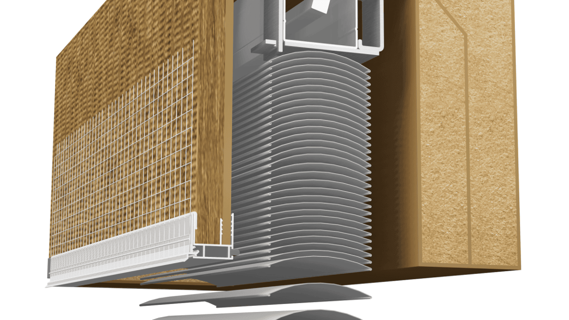 A digital cutaway illustration showing layered building materials, including insulation, a metal vent system, and a textured outer surface, highlighting construction and ventilation details.