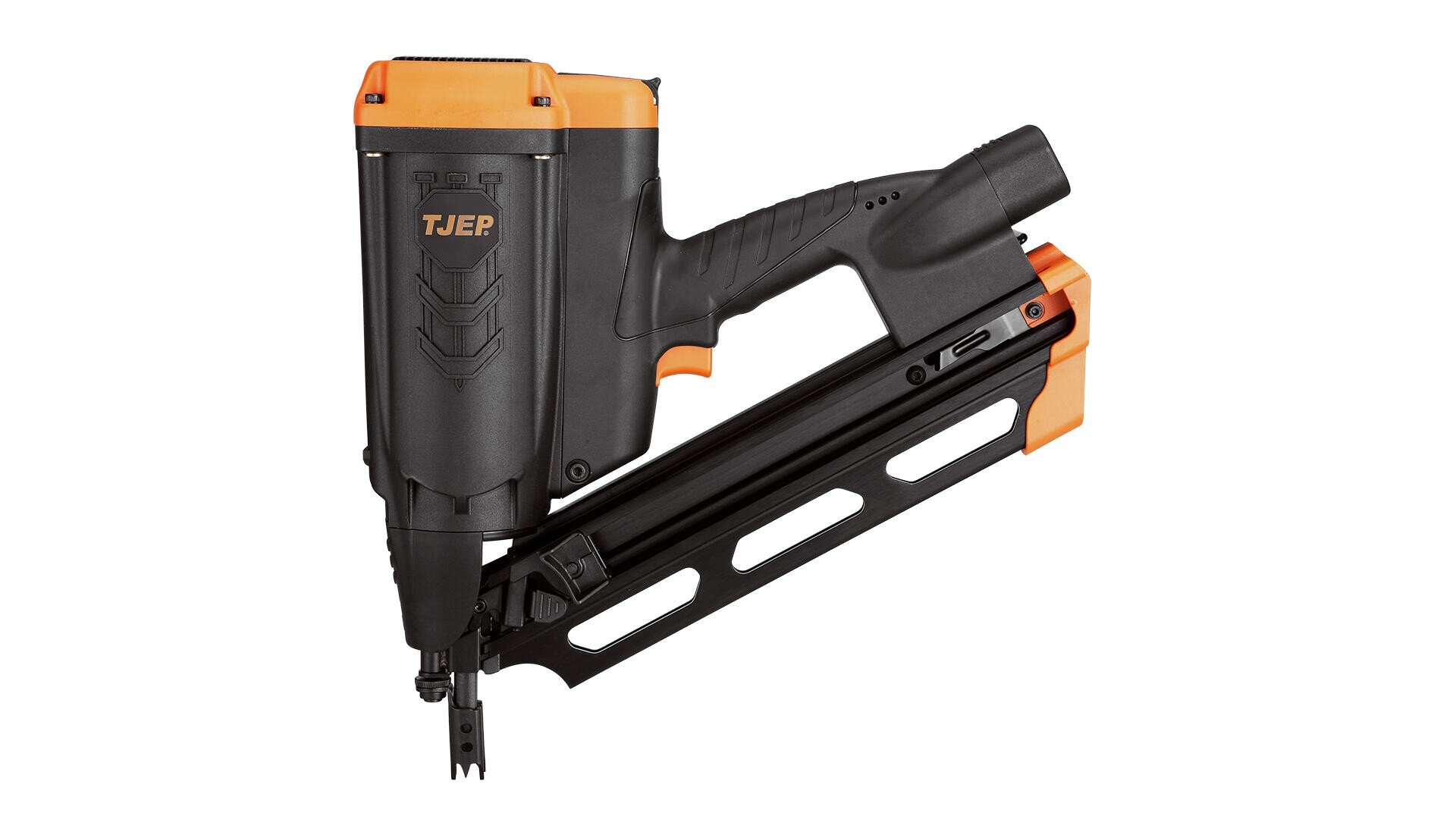 Ein schwarz-orangefarbener kabelloser Nagelschussapparat von TJEP mit ergonomischem Griff und abgewinkeltem Magazin zum Halten von Nägeln, abgebildet vor einem weißen Hintergrund.