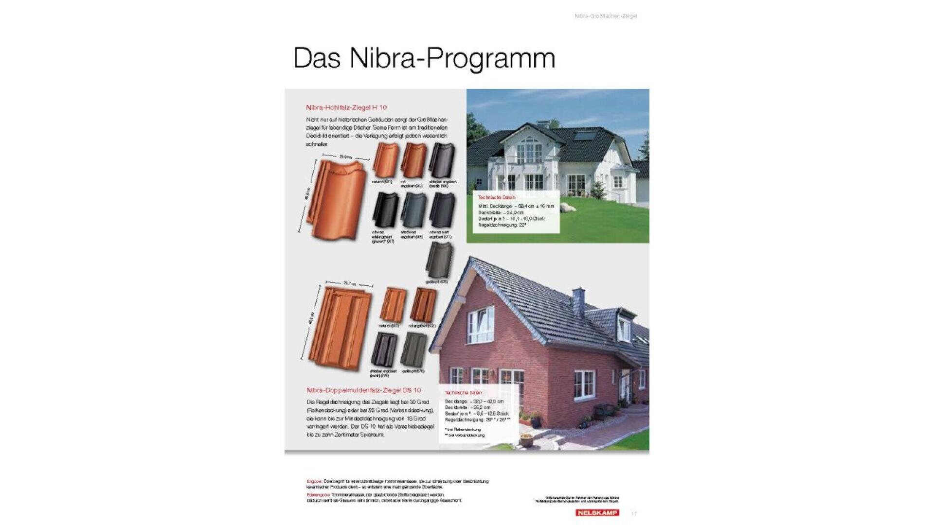 A German advertisement shows various models of Nibra roof tiles, labeled with names and colors, alongside photos of two modern houses with tiled roofs. The title reads Das Nibra-Programm in black text.