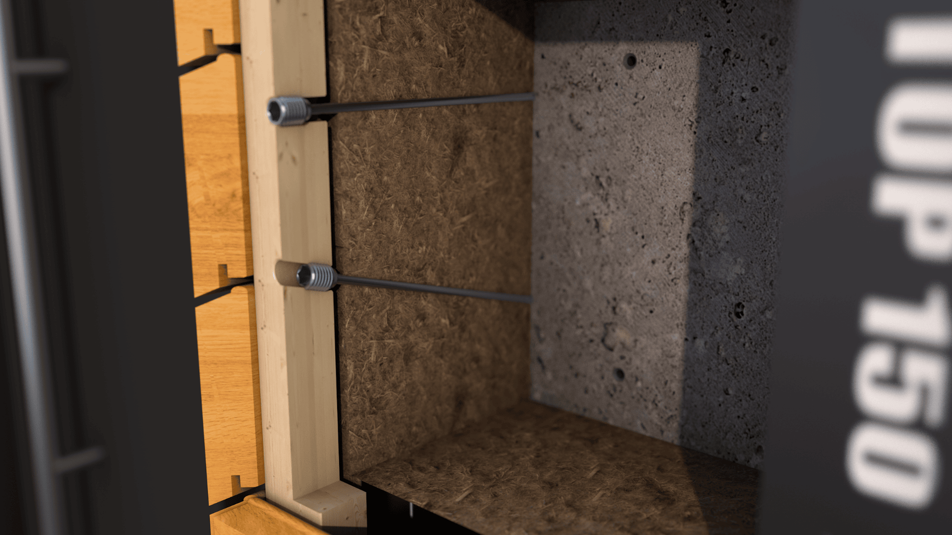 Close-up of a cross-section showing a construction wall, including wood, insulation, concrete, metal rods with bolts, and a black panel labeled TOP 150.