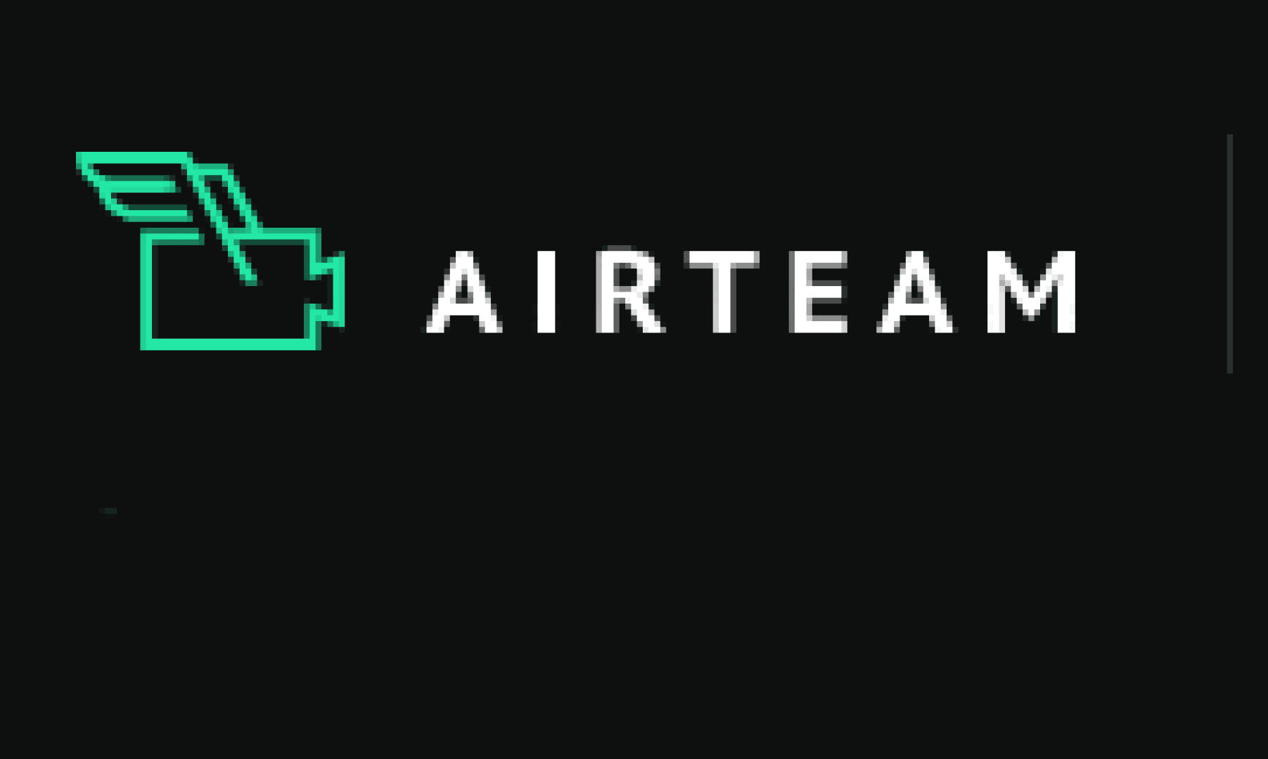 Logo mit einem stilisierten grünen Umriss eines fliegenden Briefumschlags auf der linken Seite und dem Wort AIRTEAM in weißen Großbuchstaben auf schwarzem Hintergrund.