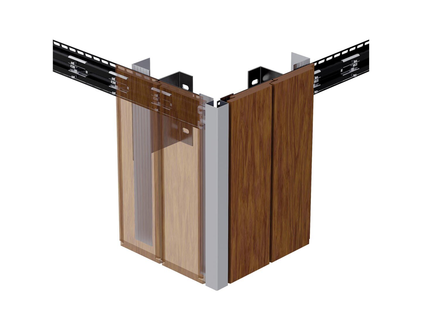 3D-Rendering einer Gebäudeecke, die eine Metallträgerstruktur mit an zwei Seiten angebrachten braunen Paneelen in Holzoptik und schwarzen Montageschienen an den Oberkanten zeigt. Einige Paneele sind halbtransparent dargestellt, um die Struktur dahinter zu zeigen.