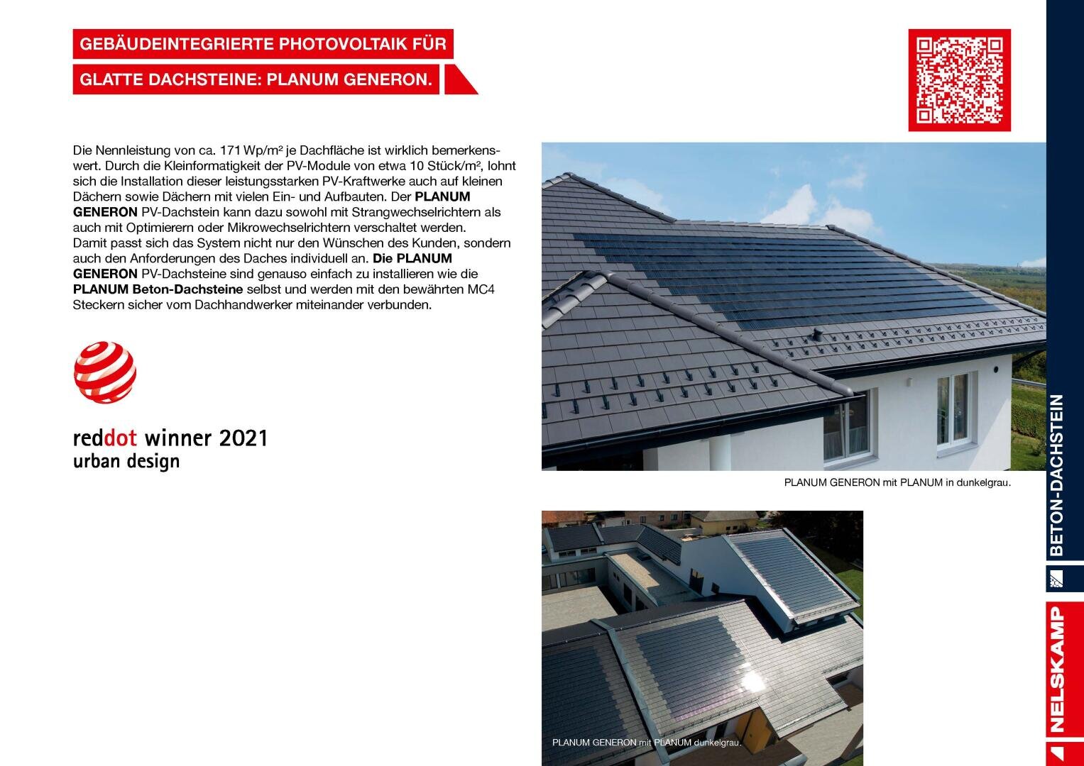 Eine Broschüre zeigt integrierte Solarmodule auf den Dächern moderner Häuser, mit Text und Auszeichnungen. Die Dächer sind mit glatten, flachen Ziegeln und Solarmodulen bedeckt, mit Branding und einem vertikalen blauen Banner auf der rechten Seite.