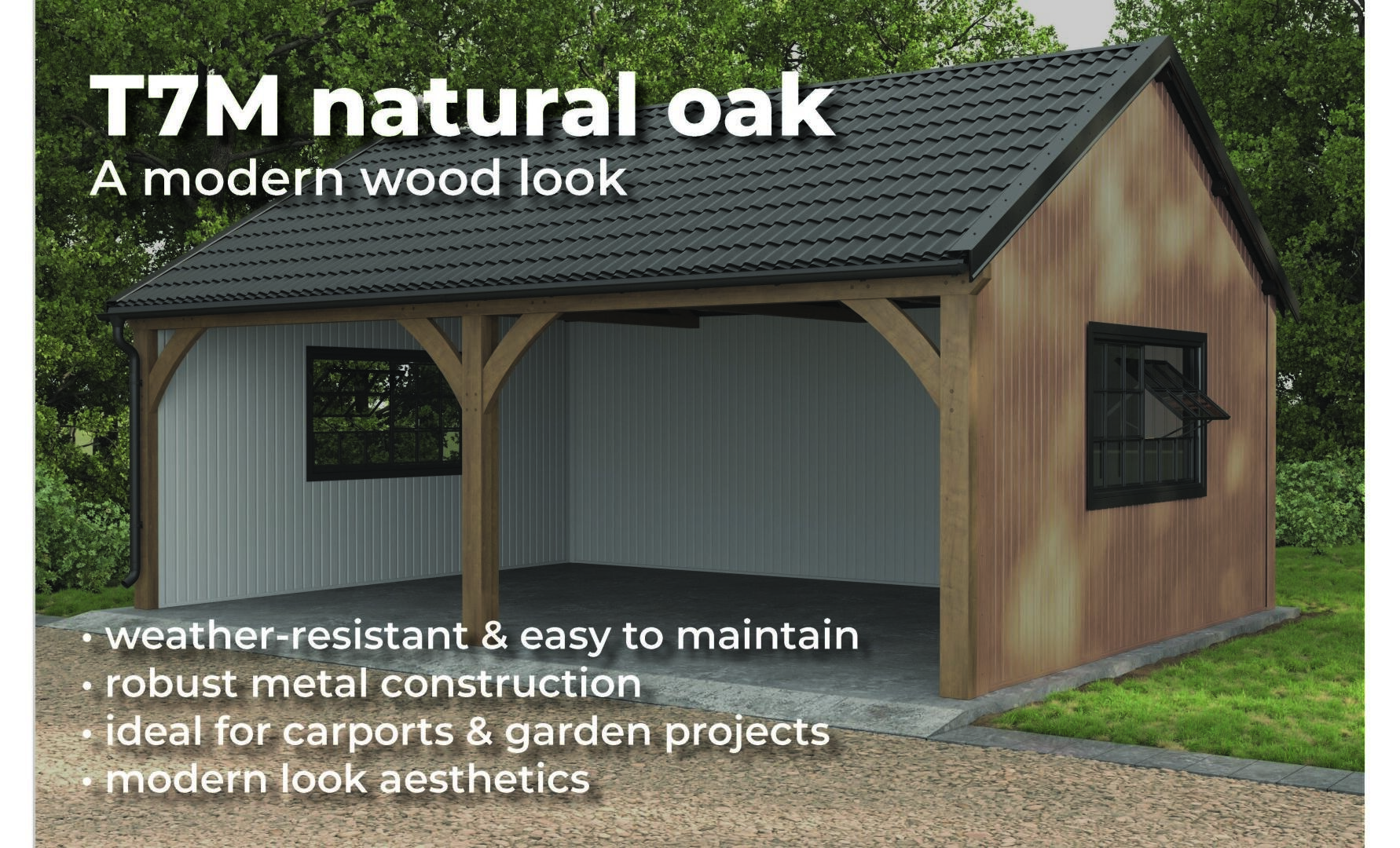 A modern carport or shed with a T7M natural oak wood look, black roof, and open side. Text highlights weather resistance, easy maintenance, robust metal construction, and modern aesthetics. Trees in the background.