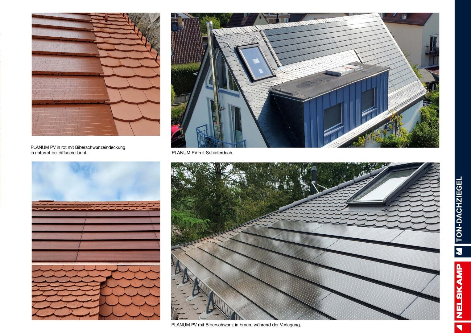 Eine Collage von vier Dächern zeigt verschiedene PLENUM PV-Solardachziegel-Installationen mit unterschiedlichen Farben und Hausstilen, darunter braune und blaue Außenflächen, Oberlichter und integrierte Solarziegel.