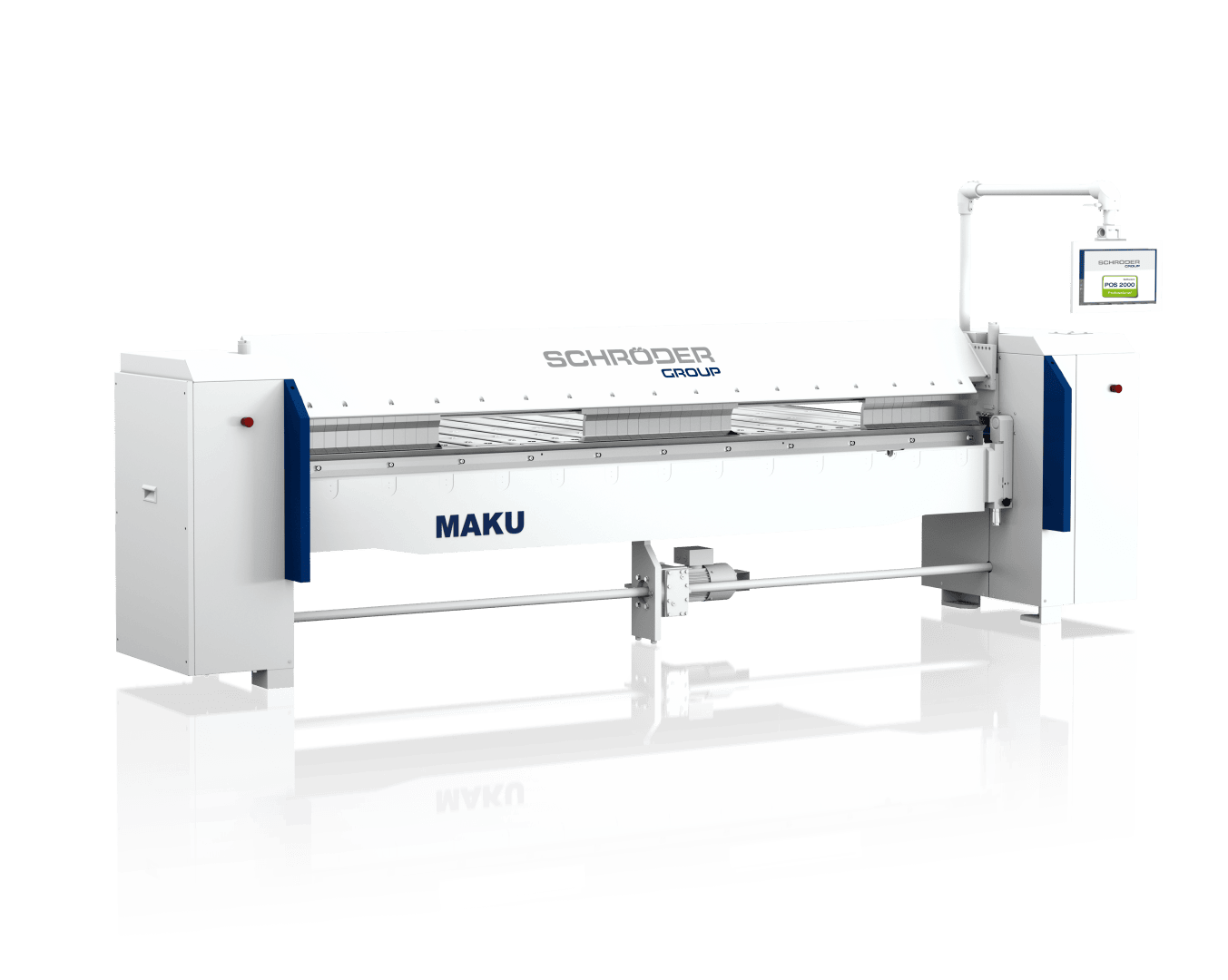 Eine große, weiße industrielle Blechabkantmaschine mit blauen Akzenten, der Marke Schröder Group und "MAKU", mit einem Kontrollbildschirm auf der rechten Seite und einem klaren, modernen Design.