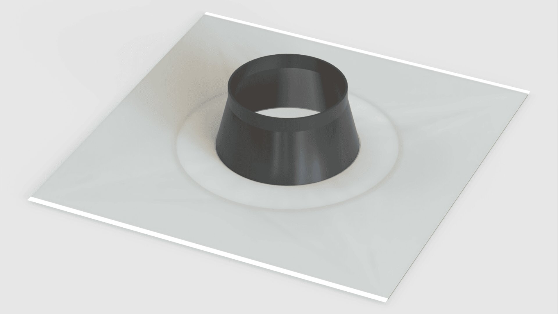A black conical pipe fitting is mounted at the center of a square, flat, translucent sheet, viewed from an angle against a light gray background.
