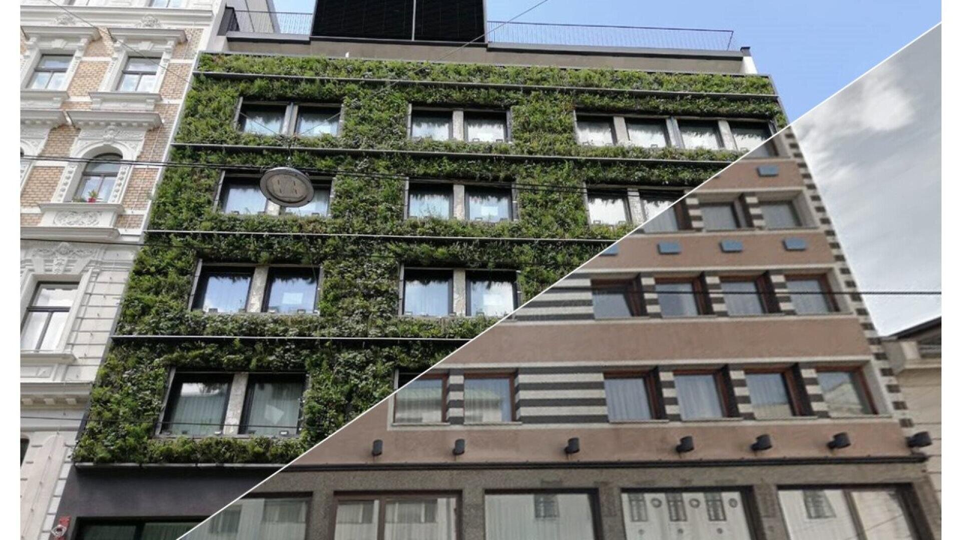 A split-view image shows the same building: one side covered in green vertical garden plants, the other with a modern facade featuring horizontal grey and beige stripes and several windows.