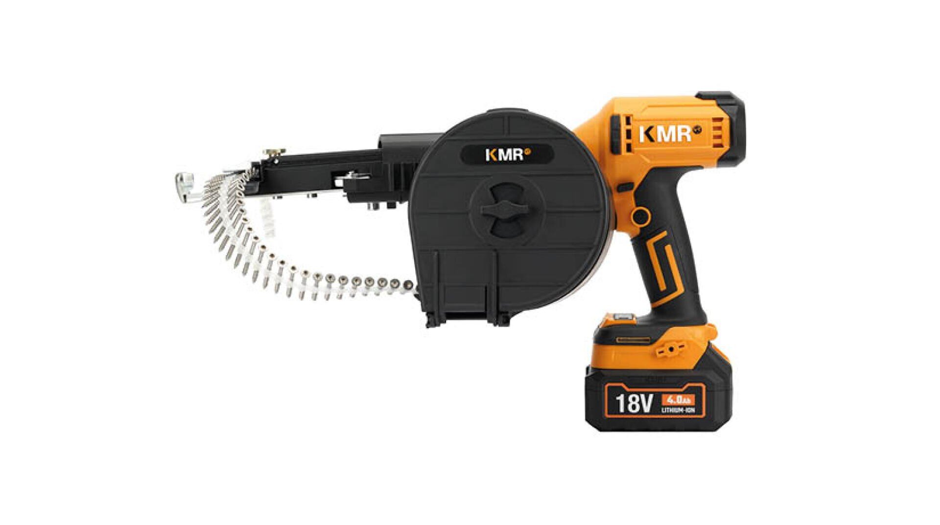 A KMR brand cordless 18-volt automatic screwdriver with an orange and black handle, a black screw magazine and a loaded screw strip, shown on a white background.