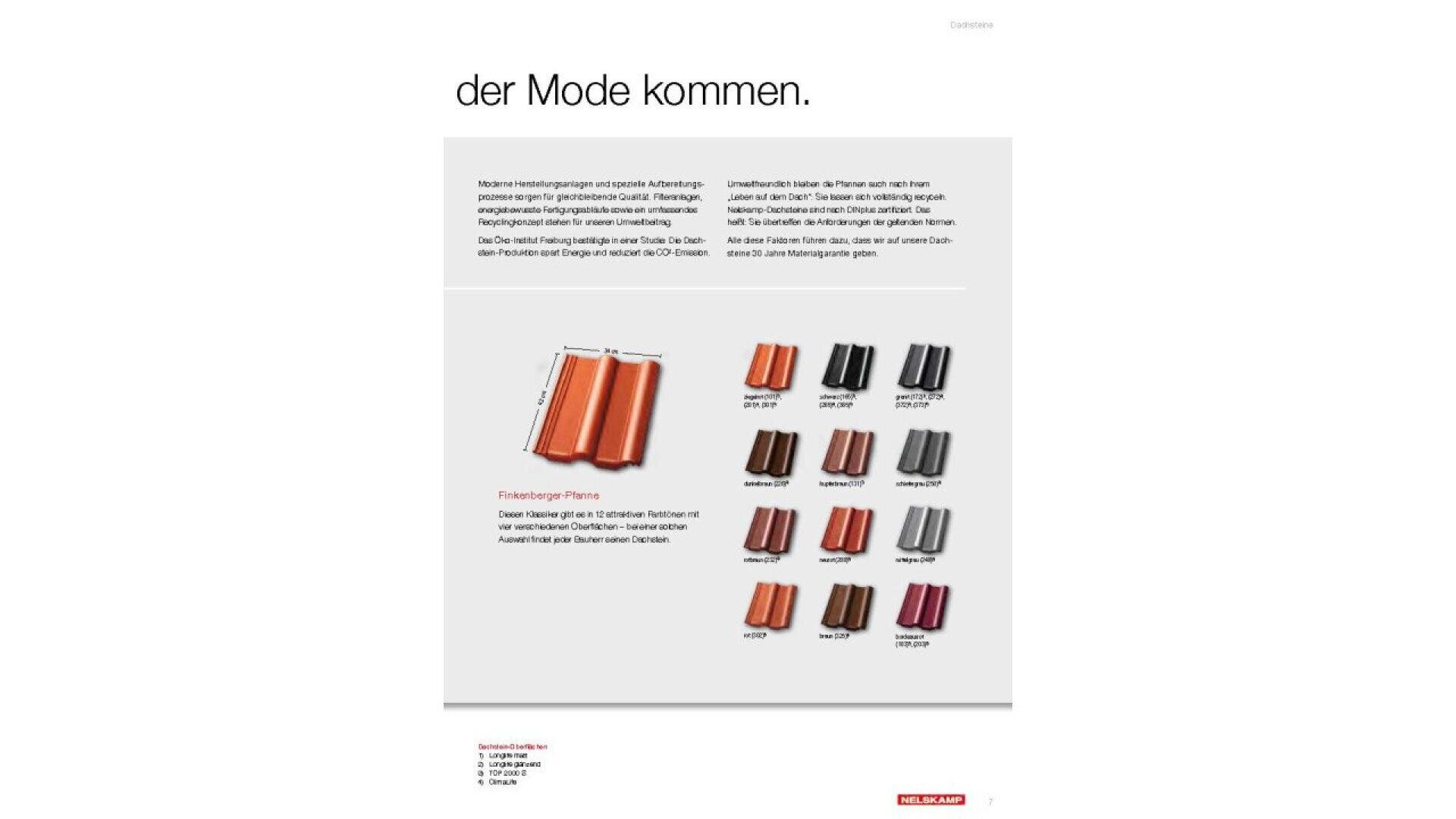 A catalog page displays various samples of roof tiles in different colors, arranged in rows with labels underneath each sample. German text describes the products and features above the images.
