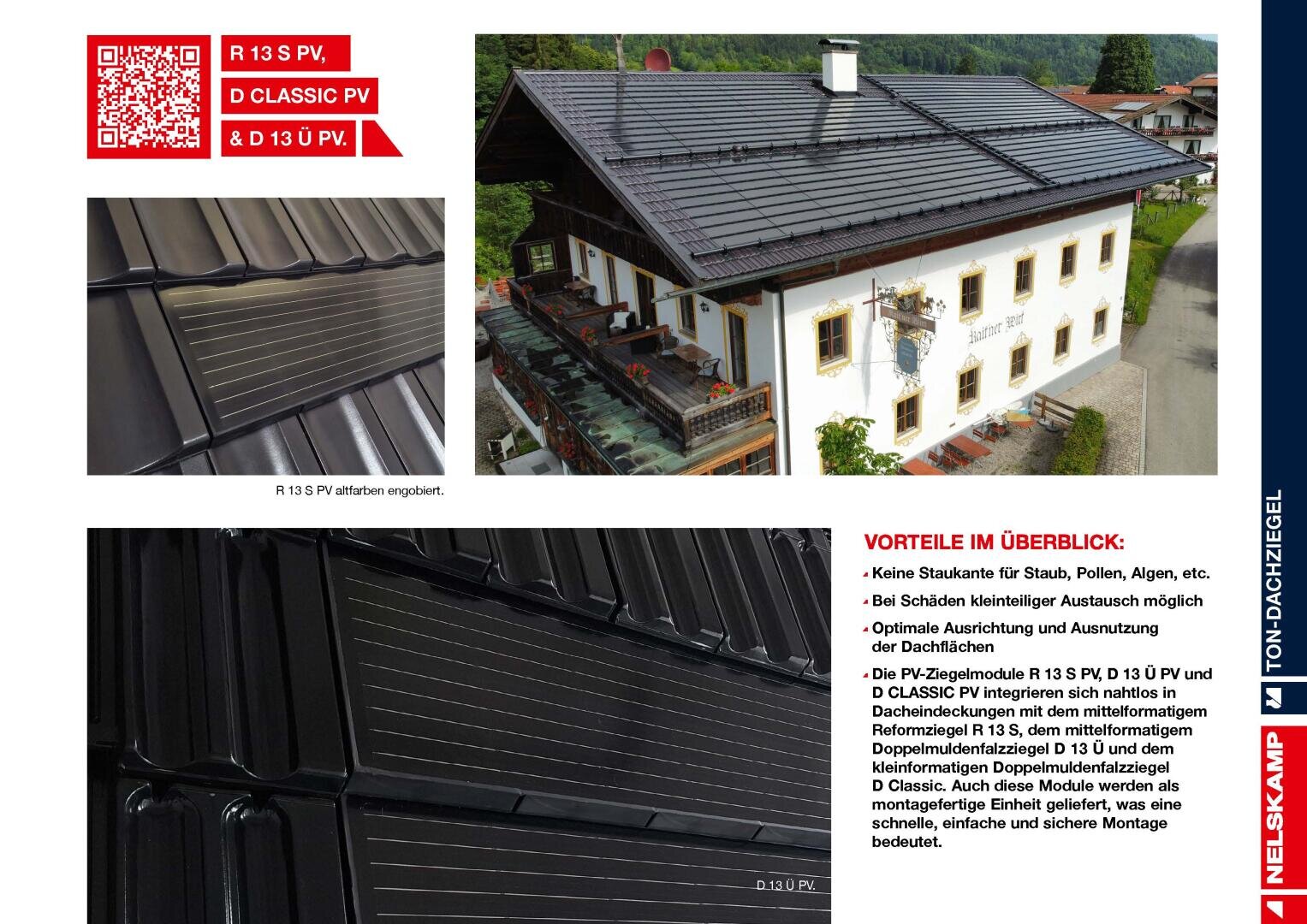 Ein großes Gebäude mit einem dunklen Ziegeldach, das mit integrierten Solarzellen ausgestattet ist. Nahaufnahmen zeigen die Textur der Dachziegel und der Solarkomponenten. An den Seiten sind deutsche Texte und Produktlogos zu sehen.