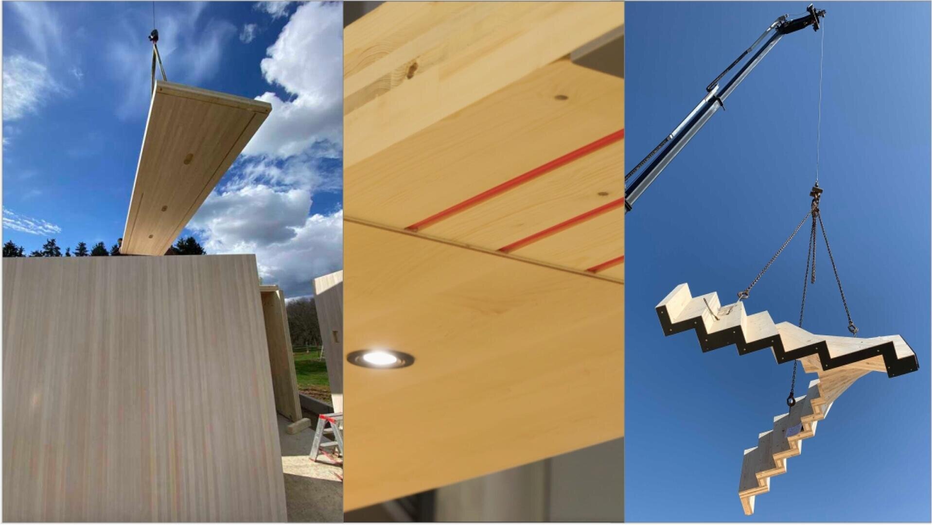 Composite image showing three scenes: a large wooden panel being lifted onto a building by a crane, a close-up of a wooden ceiling with recessed lighting and a zigzag staircase being hoisted up by a crane.