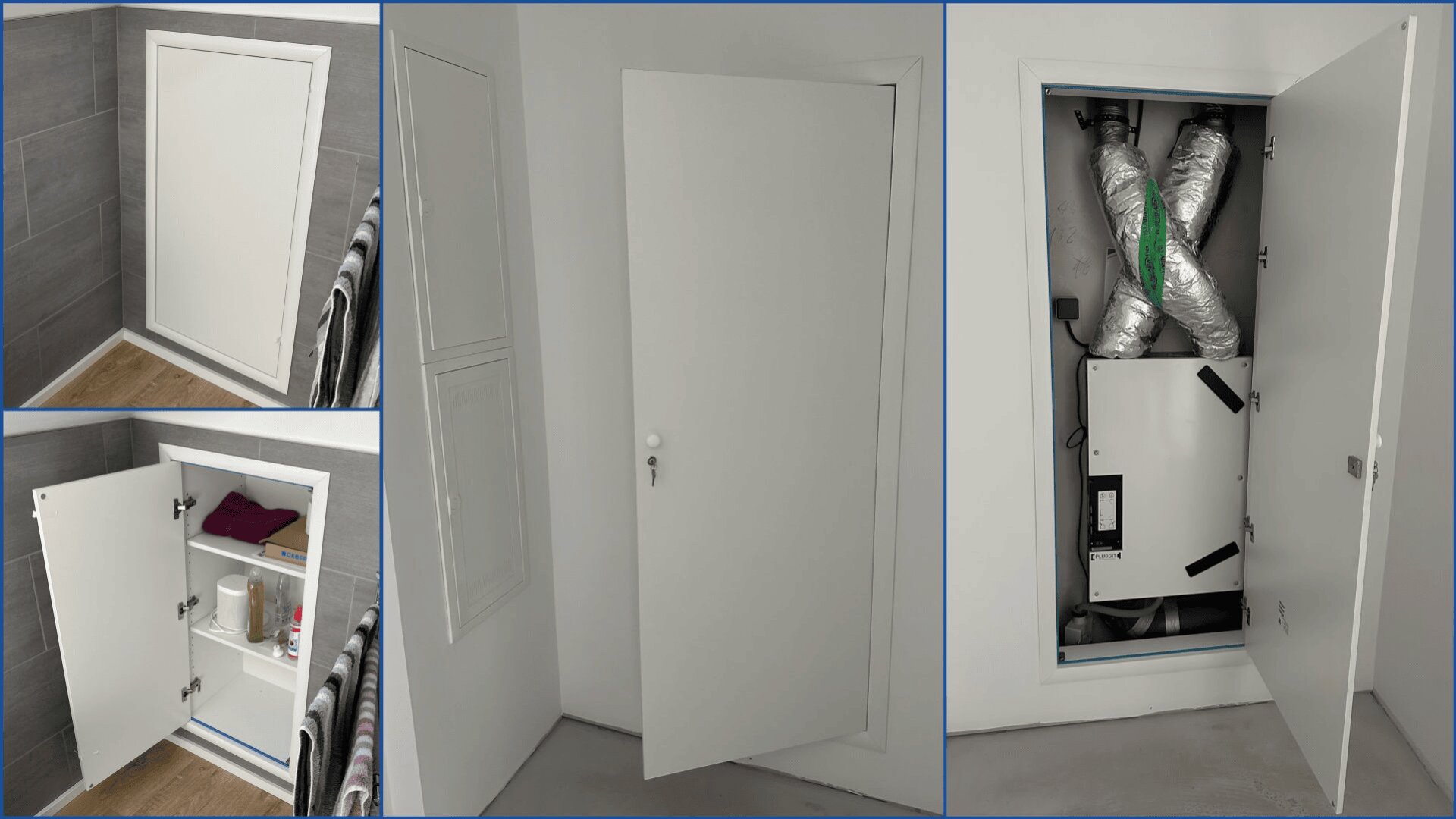 Eine Collage zeigt weiße Hauswirtschaftsschränke und Zugangsklappen: einen an einer gefliesten Wand, einen teilweise offenen mit Regalen und Toilettenartikeln, einen offenen mit einer Lüftungseinheit und Rohrleitungen und eine weitere schlichte weiße Tür in einem weißen Raum.