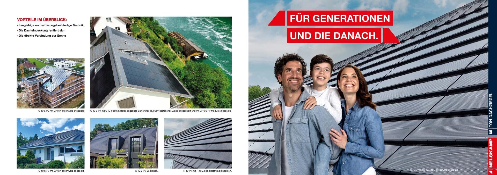 A smiling family stands next to a house with modern solar panels on the roof. The background shows several houses with solar roofs near water and trees. The bold red text reads: "For generations and beyond.