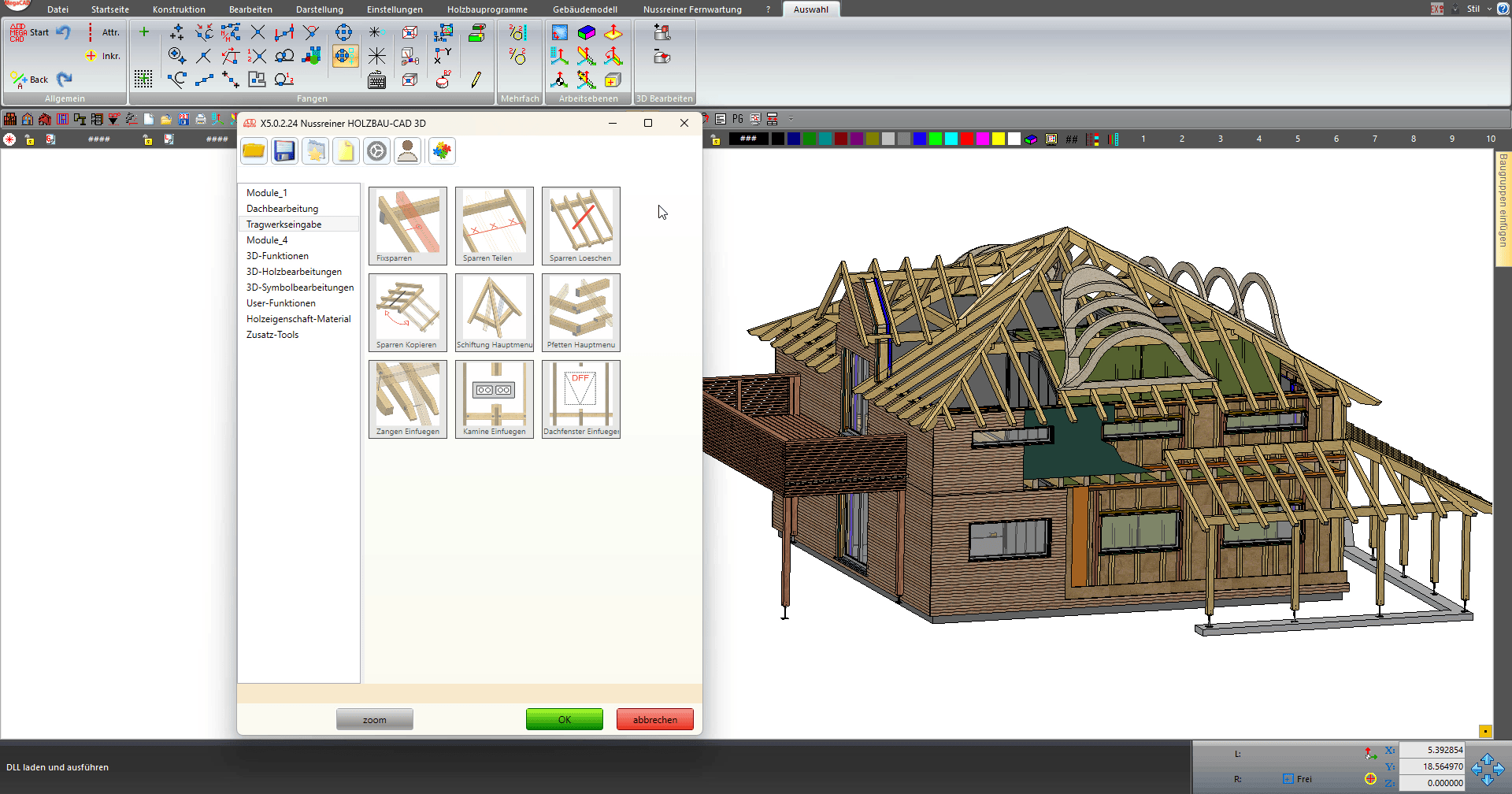Auf einem Computerbildschirm wird eine Software für architektonische Entwürfe angezeigt, mit einem 3D-Modell eines Holzhauses auf der rechten Seite und einem Menü mit Konstruktionsvorlagen auf der linken Seite. Am oberen Rand sind verschiedene Symbolleisten zu sehen.