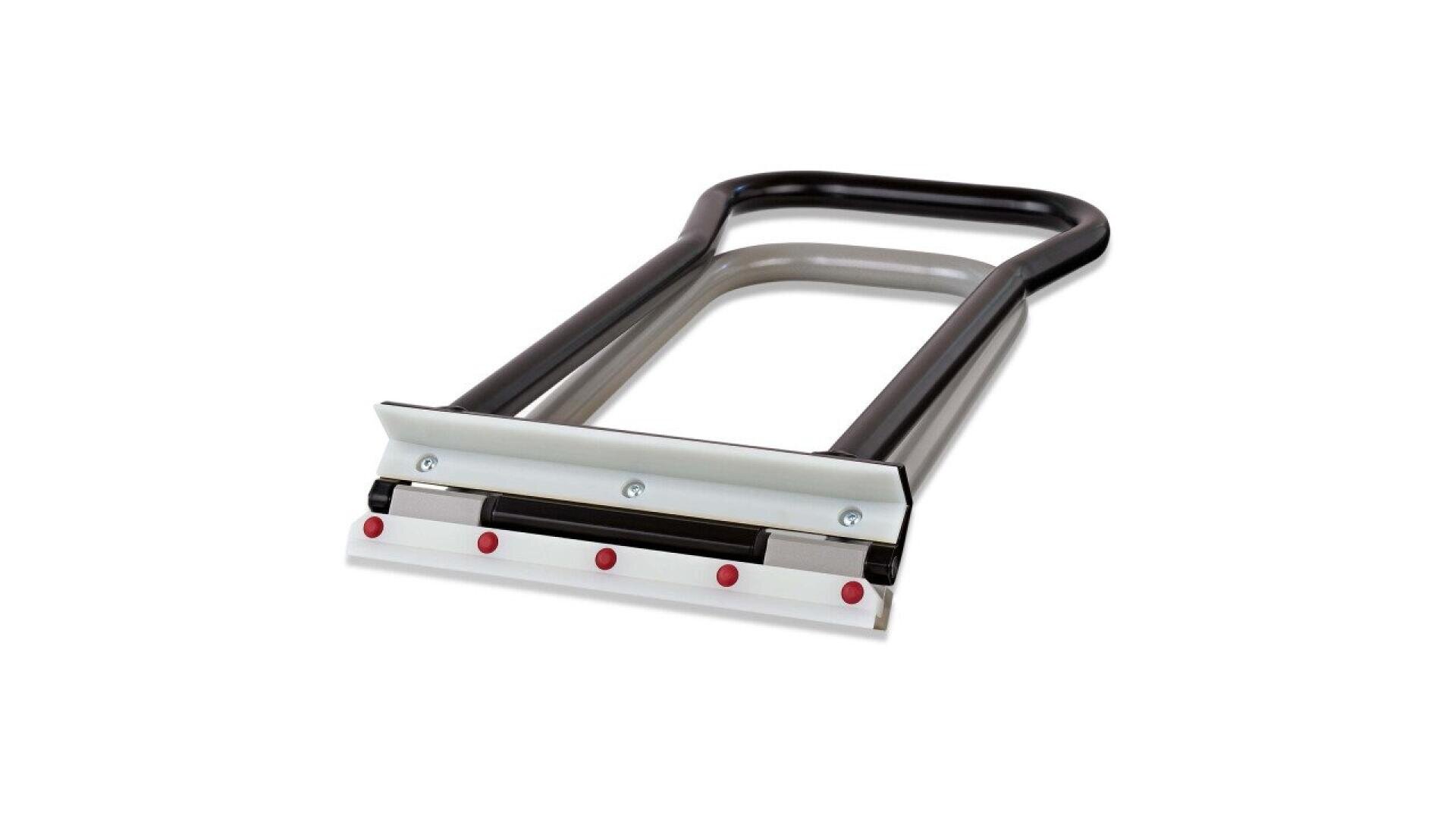 A handheld bag sealer with a metal body, black handle, and a flat sealing edge with red buttons, designed for sealing plastic bags.