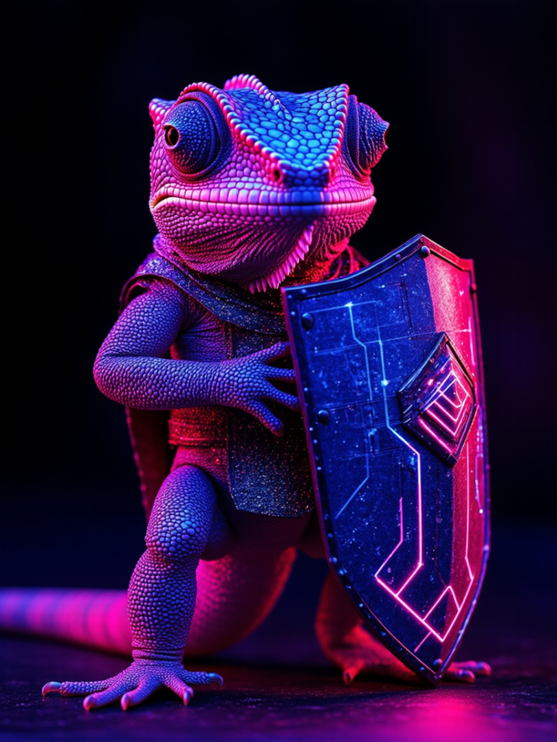 Ein Chamäleon steht aufrecht, trägt eine Rüstung und hält ein leuchtendes, futuristisches Schild, das von leuchtenden rosa und blauen Lichtern vor einem dunklen Hintergrund beleuchtet wird.