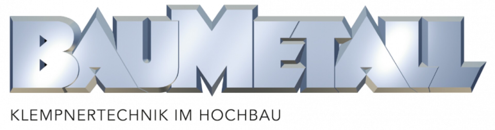 Logo mit dem Wort BAUMETALL in großen, metallischen Buchstaben im 3D-Stil. Darunter steht in kleinerer Schrift KLEMPNERTECHNIK IM HOCHBAU auf weißem Hintergrund.