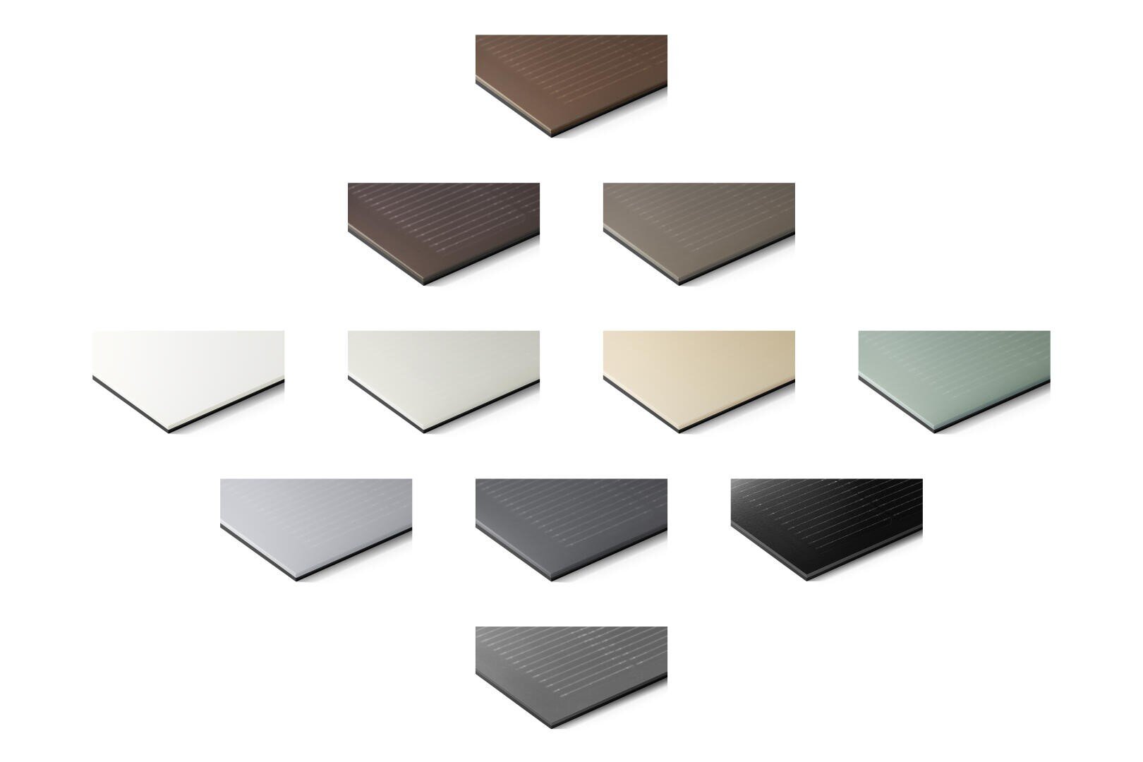 Twelve rectangular samples of material in different colors arranged in a pyramid pattern ranging from shades of brown at the top to shades of white, beige, green, silver, grey and black at the base.