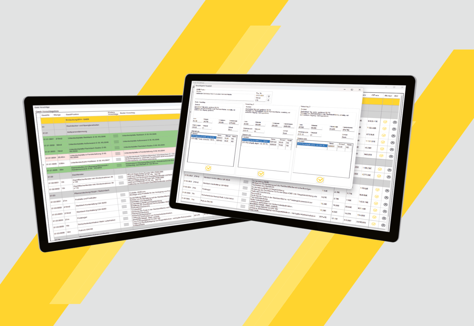 Zwei Computerbildschirme, auf denen Tabellenkalkulationssoftware und Datentabellen angezeigt werden, überlagert von einem grauen Hintergrund mit diagonalen gelben Streifen. Die Bildschirme zeigen geordnete Zeilen, Spalten und hervorgehobene Zellen.