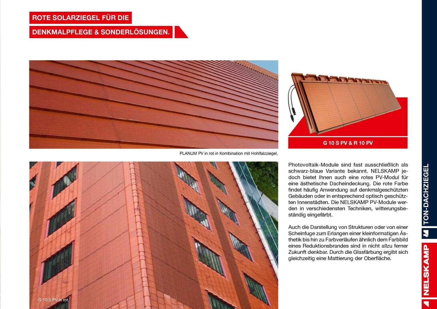 Nahaufnahme einer modernen Gebäudefassade mit roten Solardachziegeln, die sowohl die Wandinstallation als auch einzelne Solarziegelmodule von Nelskamp zeigt. Der Text beschreibt die Eigenschaften von Solarziegeln und ihre Anwendung für historische Gebäude.