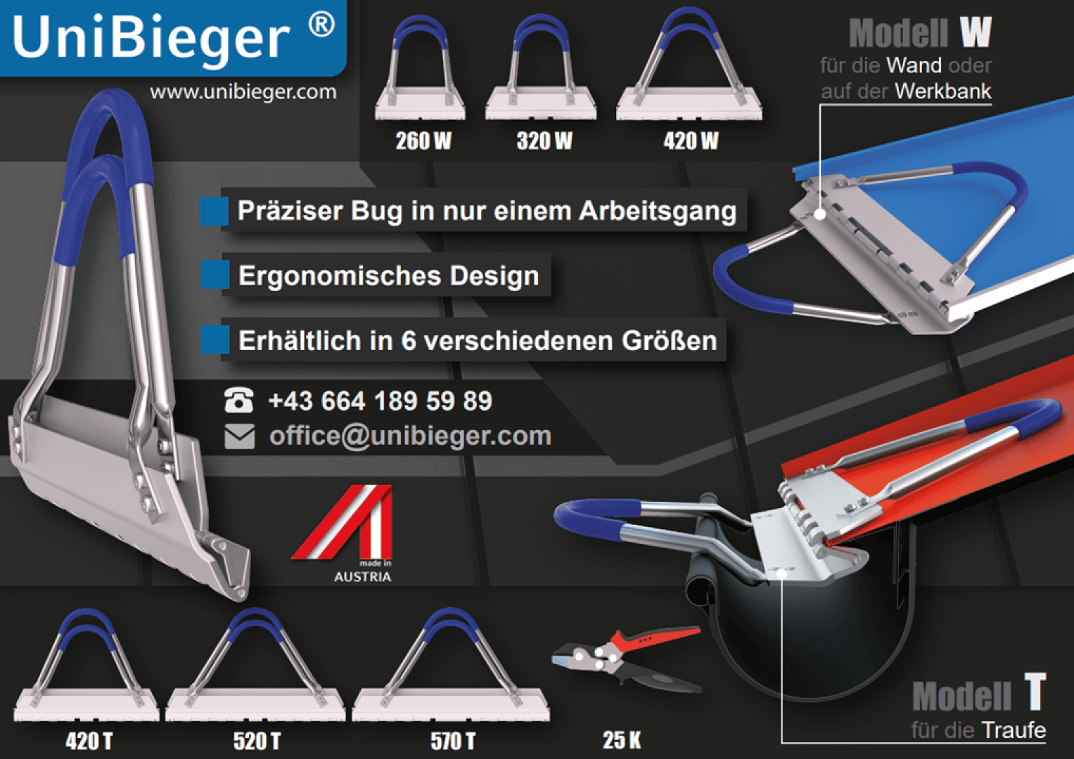 Infografik zu UniBieger-Metallbiegewerkzeugen mit sechs Modellen in verschiedenen Größen, ergonomischem Design, Kontaktinformationen und Fotos der Werkzeuge im Einsatz für Wand- und Dachrinnenanwendungen. Blau-, Grau- und Rot-Farbschema mit Symbolen und Text.