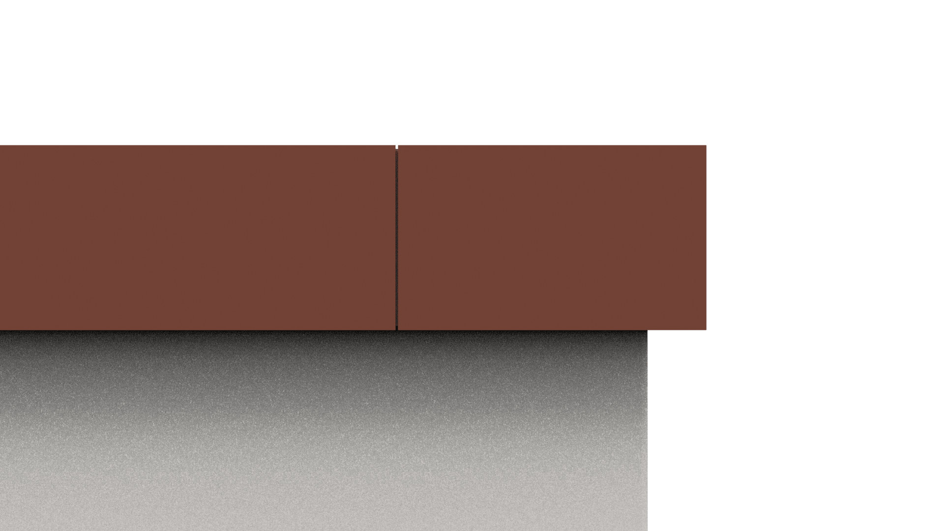 Ein minimalistisches Bild, das die obere Ecke eines braunen rechteckigen Objekts, möglicherweise eines Regals oder Tischs, mit einem Schatten oder einem grauen Farbverlaufshintergrund darunter zeigt.
