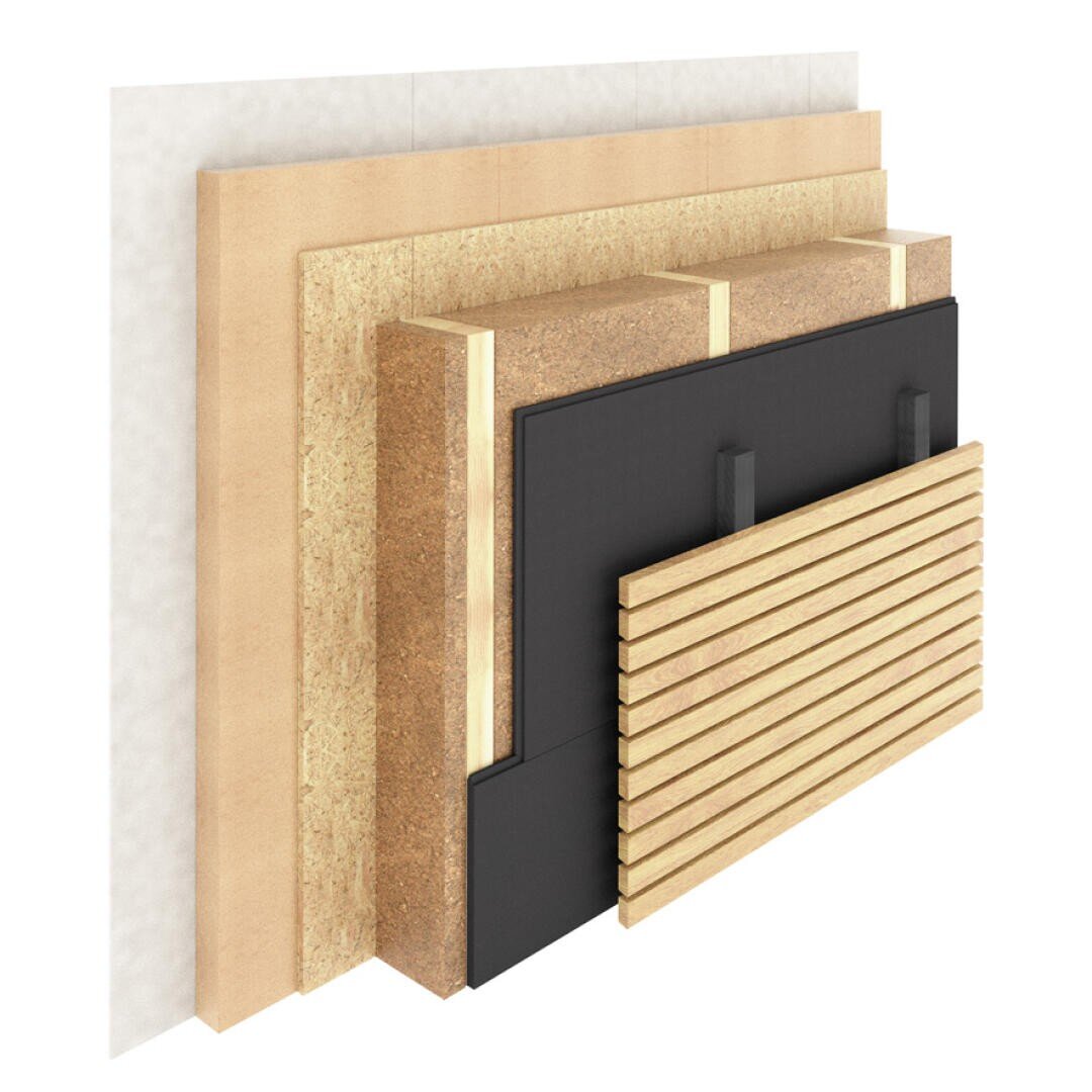 A 3D illustration showing the cross-sectional layers of a building wall, including insulation, wood framing, black weather barrier, and horizontal wooden cladding on the exterior.