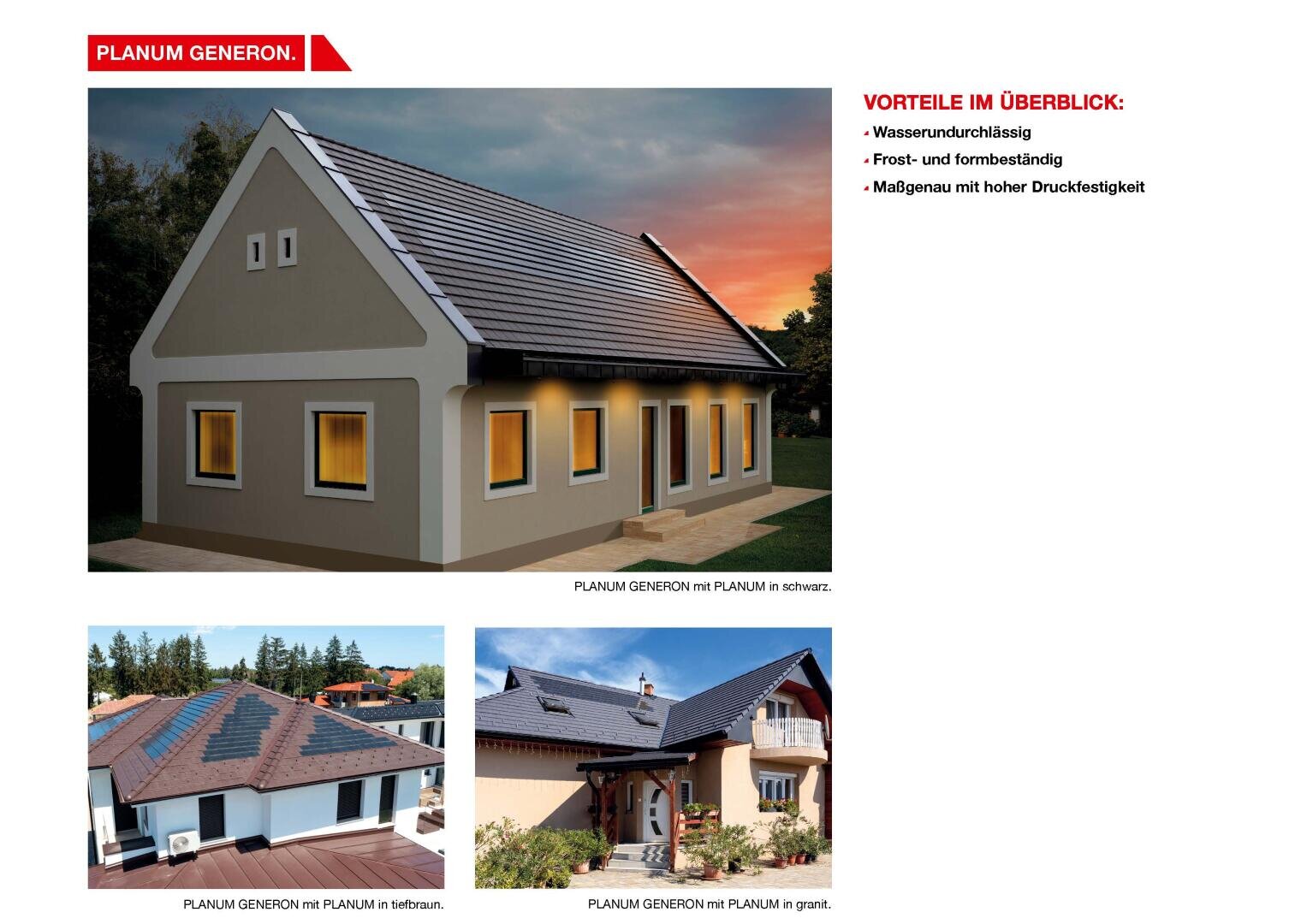 Drei Bilder zeigen Häuser mit dunklen, glatten, modernen Dachziegeln. Das Hauptfoto zeigt ein einstöckiges Haus in der Abenddämmerung, während zwei kleinere Fotos unten ähnliche Häuser bei Tageslicht zeigen. Der deutsche Text hebt die Vorteile des Dachsystems hervor.
