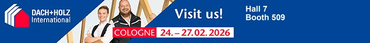 Banner für DACH+HOLZ International zeigt zwei lächelnde Männer in Berufsbekleidung, Veranstaltungstext Köln 24-27.02.2026, und Visit us! Halle 7 Stand 509 auf blauem Hintergrund.