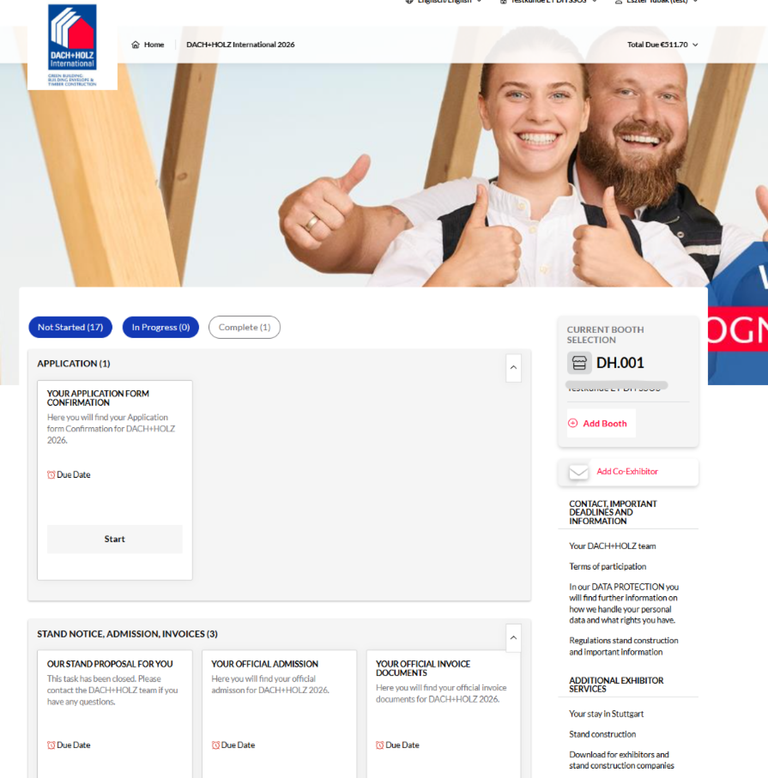 A smiling man and woman giving thumbs up stand in front of wooden beams. Text reads OUR FAIR. OUR STRENGTH. and We look forward to you! COLOGNE 24.–27.02.2026. Login form is on the left side.