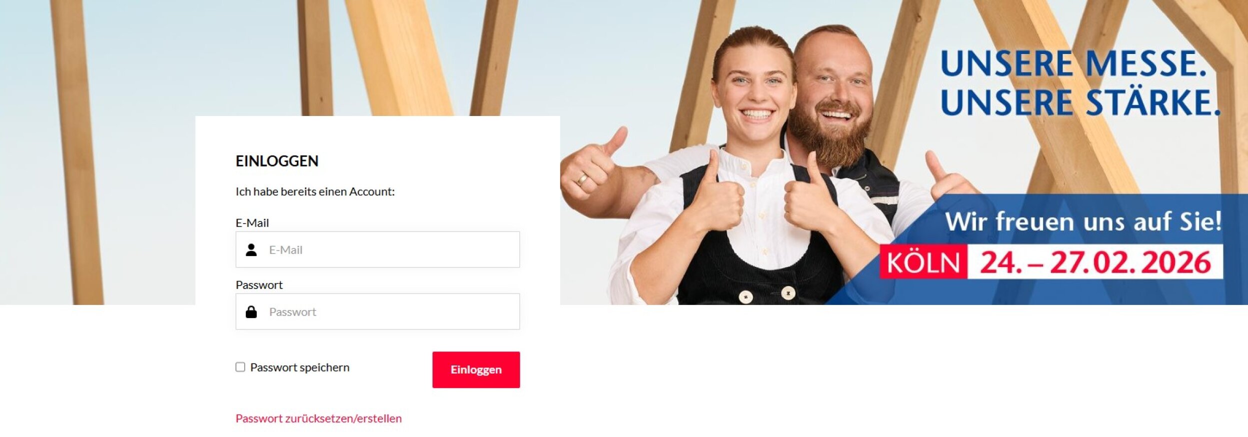 Zwei lächelnde Menschen, eine Frau und ein Mann, zeigen beide den Daumen nach oben. Rechts steht der Text Unsere Messe. Unsere Stärke. Wir freuen uns auf Sie! Köln 24.-27.02.2026. Auf der linken Seite befindet sich ein Anmeldeformular für E-Mail und Passwort.