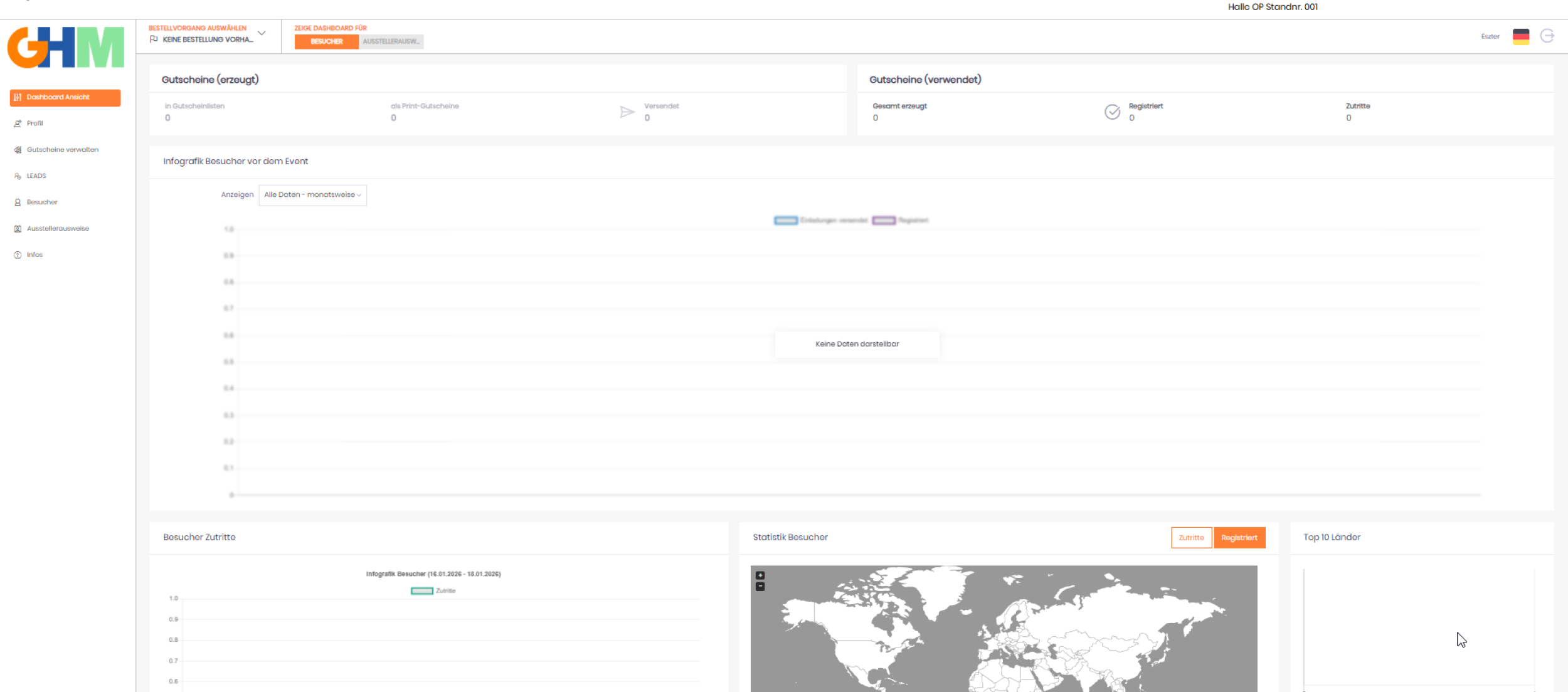 Screenshot of the GHM – Gesellschaft für Handwerksmessen mbH Exhibitor Ticket Portal login page, showing username and password fields, a sign-in button, and various event logos at the bottom.