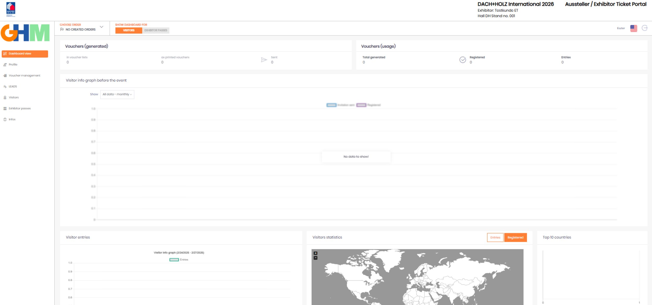 Screenshot of the GHM – Gesellschaft für Handwerksmessen mbH Exhibitor Ticket Portal login page, showing username and password fields, a sign-in button, and various event logos at the bottom.
