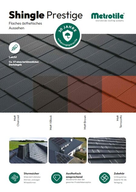 A brochure for Metrotile Shingle Prestige shows four roof tile colors - Matt Charcoal, Matt Black, Matt Brown and Matt Terracotta - with sample images and a list of key features at the end.
