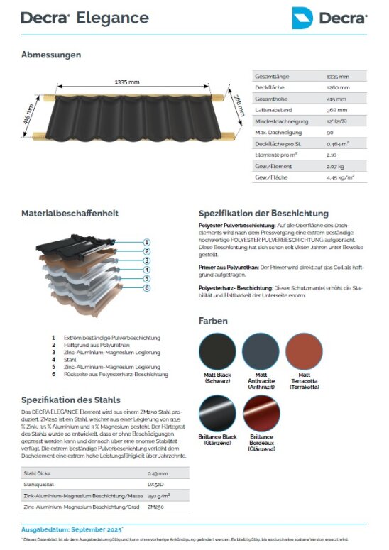 Ein Produktblatt für Decra Elegance-Dacheindeckungen, das einen schwarzen Profildachziegel mit Abmessungen, Materialzusammensetzung, Stahlspezifikationen, Beschichtungsdetails und verfügbaren Farben einschließlich Mattschwarz, Mattgrau, Mattbraun und Terrakotta zeigt.