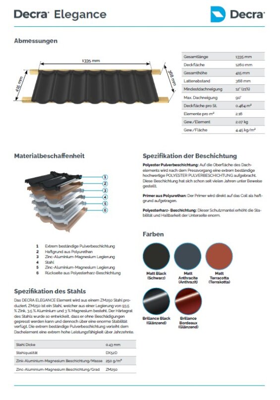 Product information sheet for Decra Elegance roofing, showing a diagram of a roof tile with dimensions, material specifications, coating details, technical data, and available colors: Matt Black, Charcoal, and Terracotta.